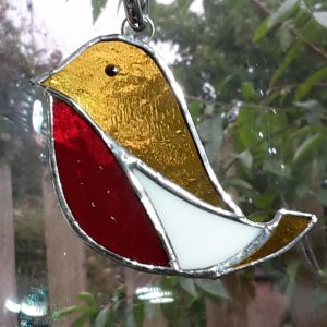 Stained Glass Decoration Robin gold red breast, white flash