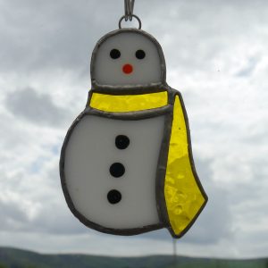 Snowman Decoration, coloured scarf, white body, painted nose and buttons